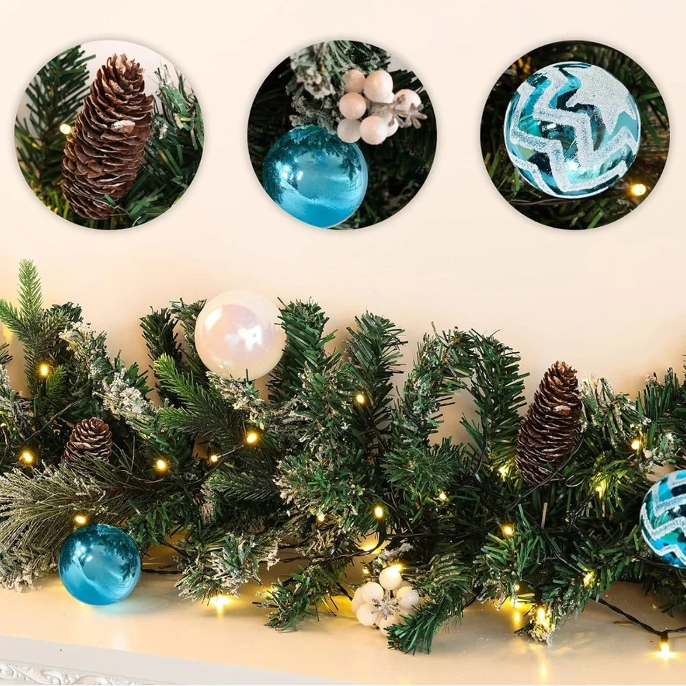 Beautiful 9’ pre-lit Christmas garland with blue and white balls